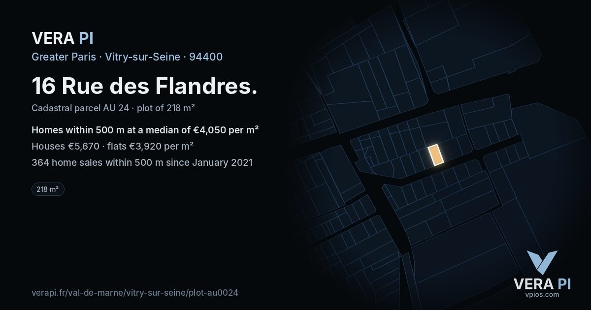 16 Rue des Flandres, Vitry-sur-Seine at night – the plot lit, the parcels around coloured by the prices near them