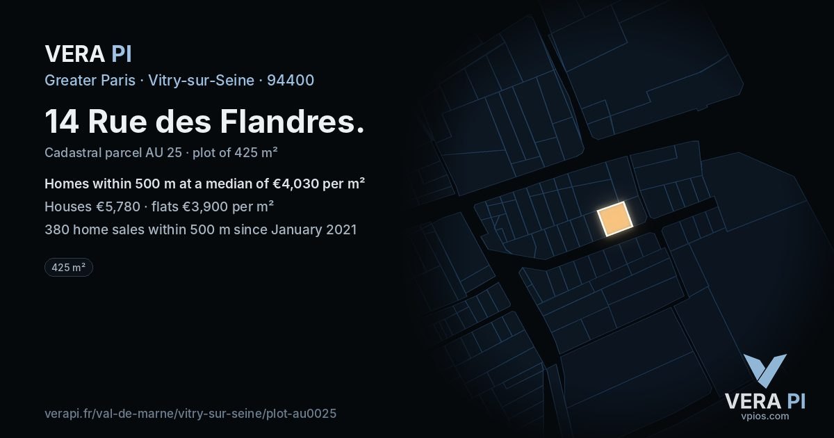 14 Rue des Flandres, Vitry-sur-Seine at night – the plot lit, the parcels around coloured by the prices near them
