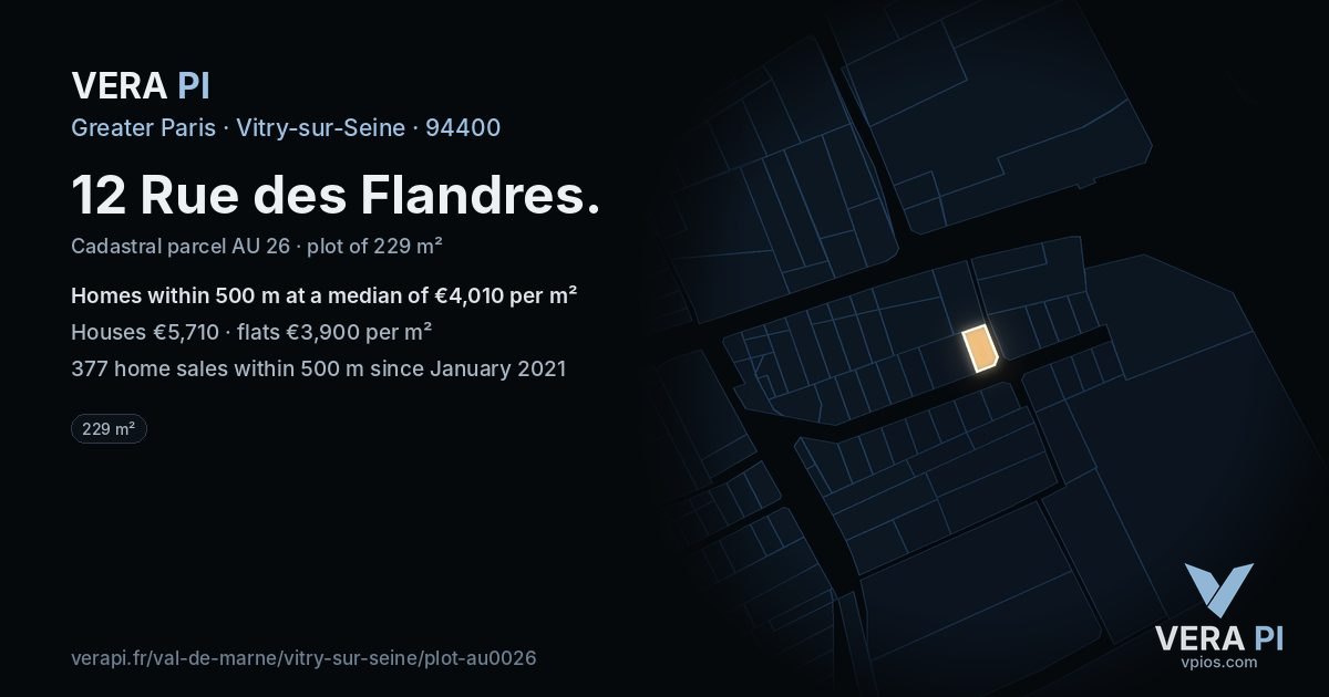 12 Rue des Flandres, Vitry-sur-Seine at night – the plot lit, the parcels around coloured by the prices near them