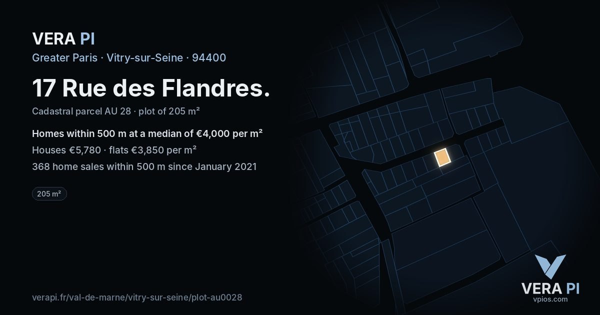17 Rue des Flandres, Vitry-sur-Seine at night – the plot lit, the parcels around coloured by the prices near them