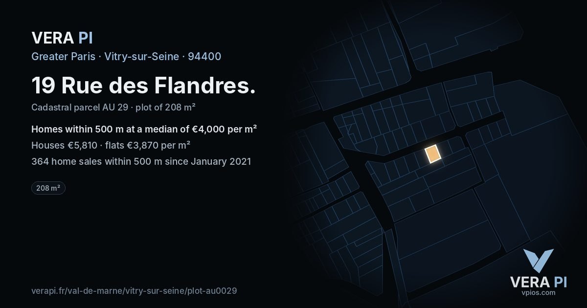 19 Rue des Flandres, Vitry-sur-Seine at night – the plot lit, the parcels around coloured by the prices near them