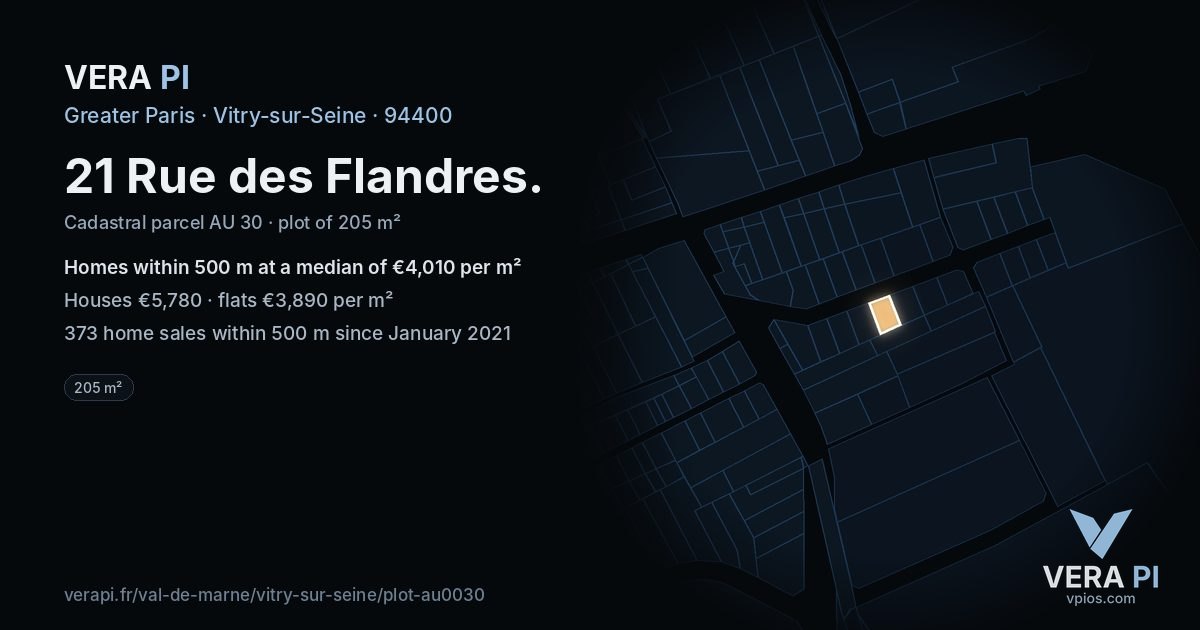 21 Rue des Flandres, Vitry-sur-Seine at night – the plot lit, the parcels around coloured by the prices near them
