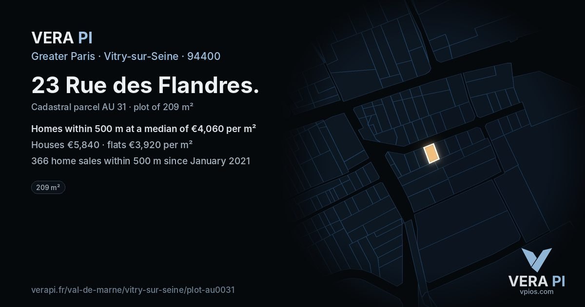 23 Rue des Flandres, Vitry-sur-Seine at night – the plot lit, the parcels around coloured by the prices near them