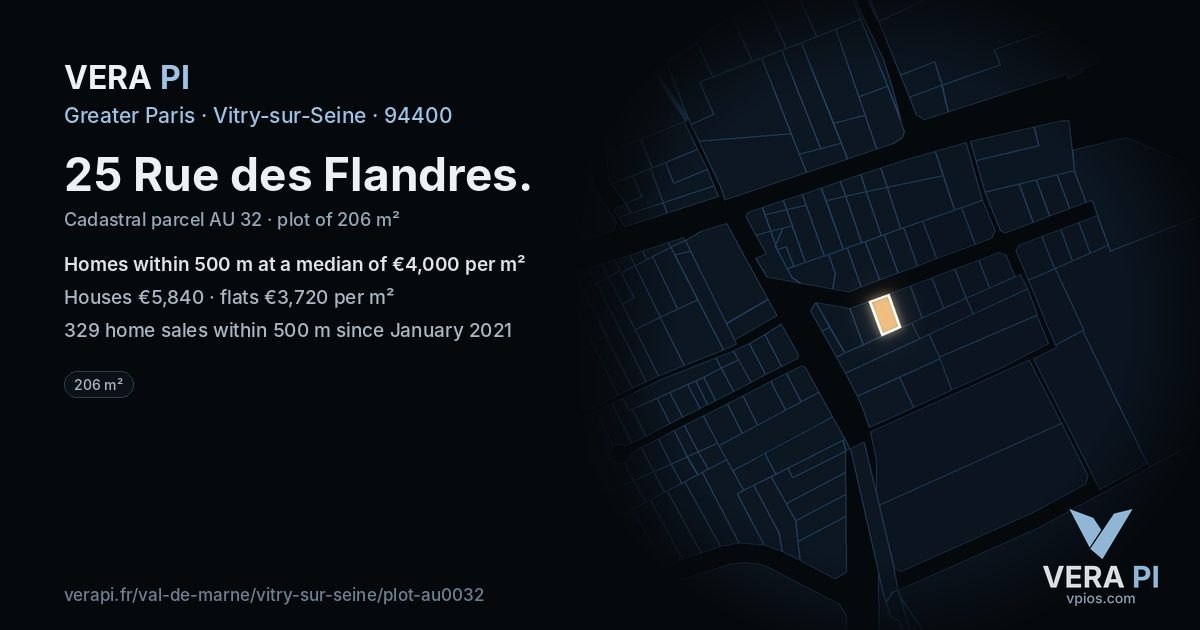 25 Rue des Flandres, Vitry-sur-Seine at night – the plot lit, the parcels around coloured by the prices near them