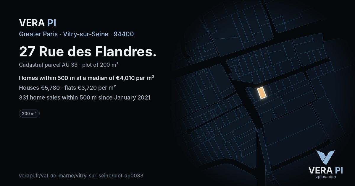 27 Rue des Flandres, Vitry-sur-Seine at night – the plot lit, the parcels around coloured by the prices near them
