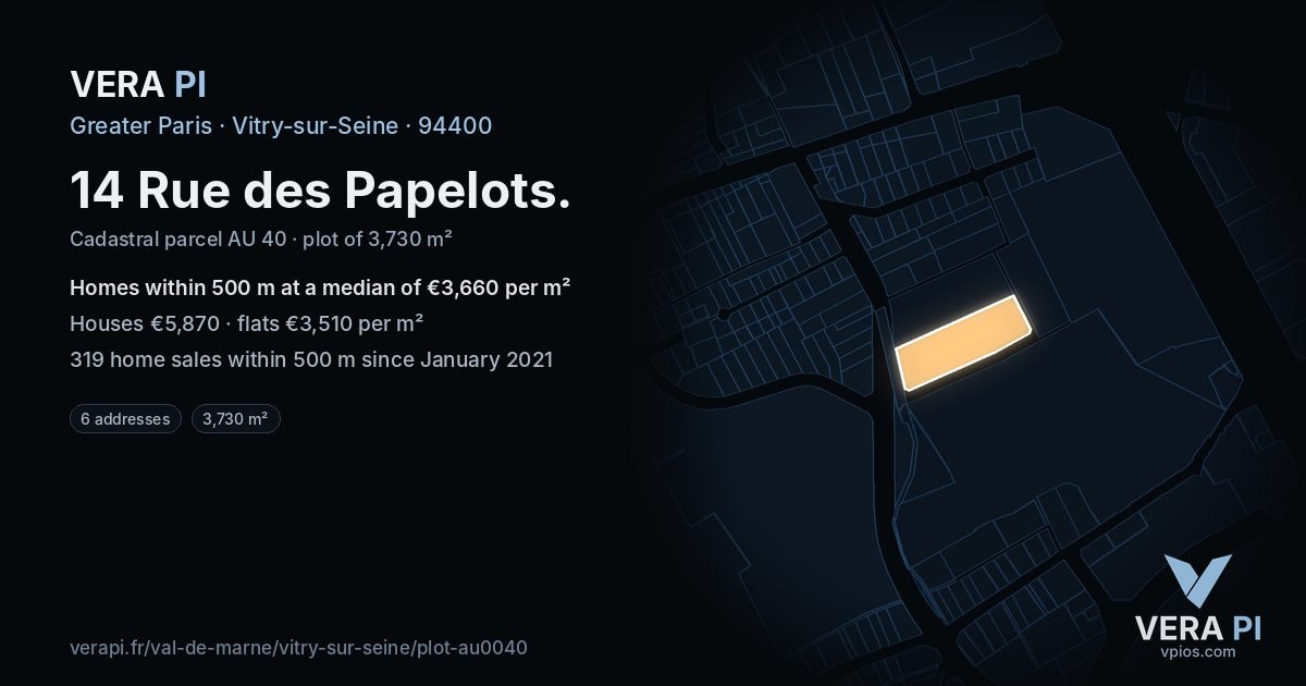 14 Rue des Papelots, Vitry-sur-Seine at night – the plot lit, the parcels around coloured by the prices near them