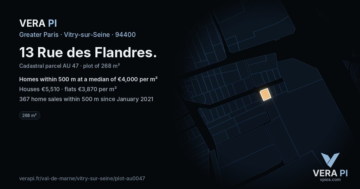 13 Rue des Flandres, Vitry-sur-Seine at night – the plot lit, the parcels around coloured by the prices near them