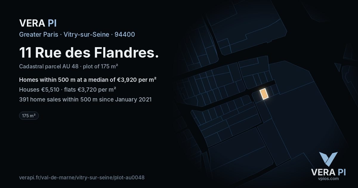 11 Rue des Flandres, Vitry-sur-Seine at night – the plot lit, the parcels around coloured by the prices near them