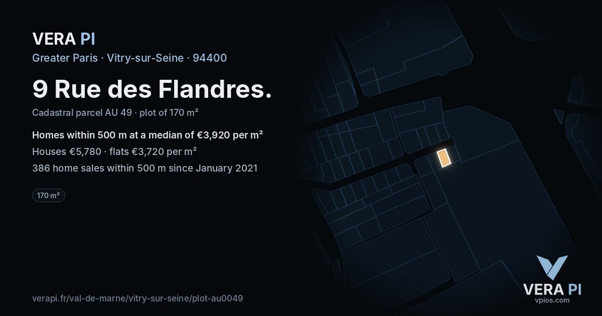 9 Rue des Flandres, Vitry-sur-Seine at night – the plot lit, the parcels around coloured by the prices near them