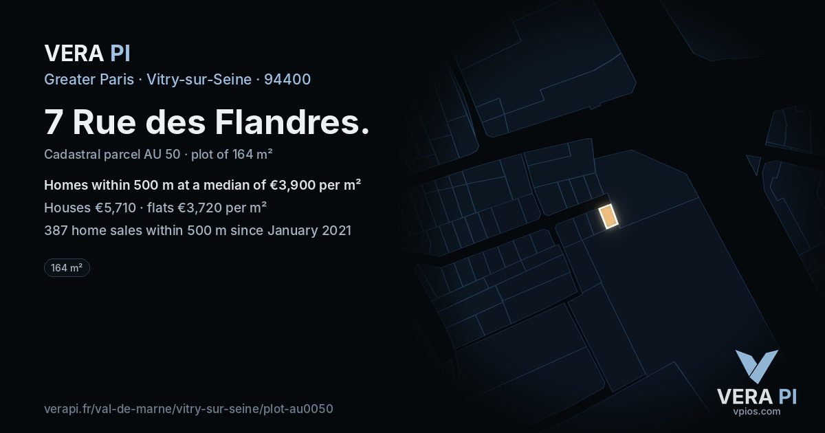 7 Rue des Flandres, Vitry-sur-Seine at night – the plot lit, the parcels around coloured by the prices near them