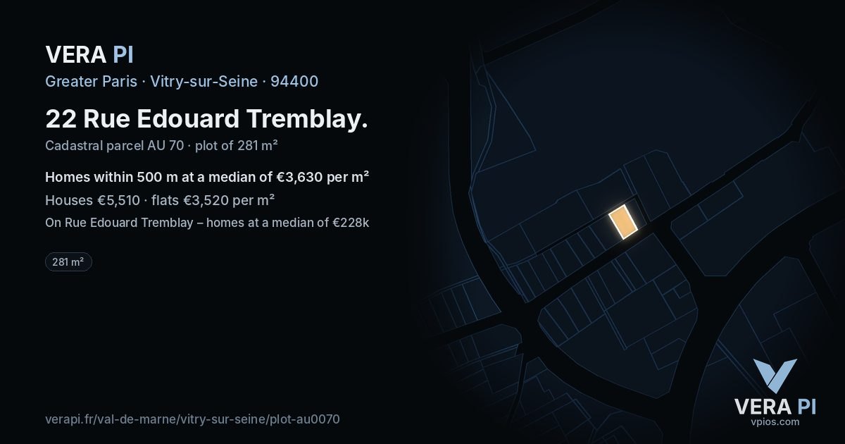 22 Rue Edouard Tremblay, Vitry-sur-Seine at night – the plot lit, the parcels around coloured by the prices near them