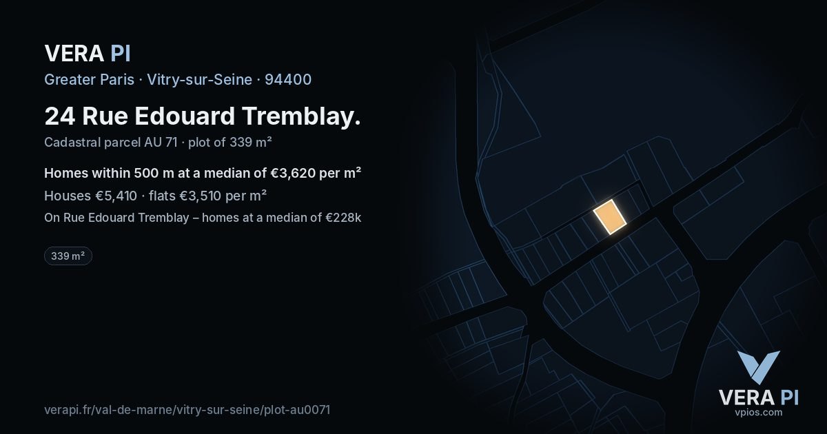 24 Rue Edouard Tremblay, Vitry-sur-Seine at night – the plot lit, the parcels around coloured by the prices near them