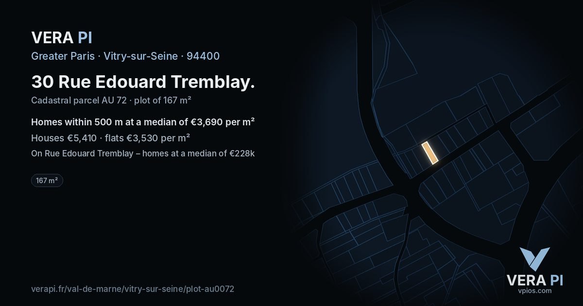30 Rue Edouard Tremblay, Vitry-sur-Seine at night – the plot lit, the parcels around coloured by the prices near them
