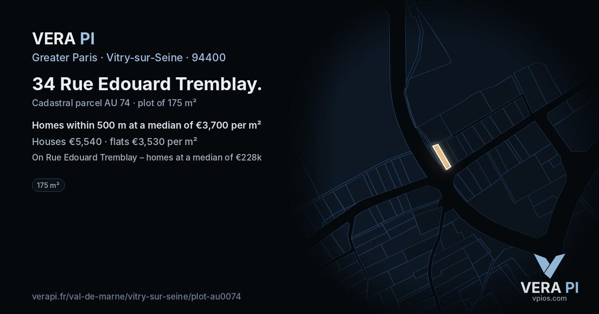 34 Rue Edouard Tremblay, Vitry-sur-Seine at night – the plot lit, the parcels around coloured by the prices near them