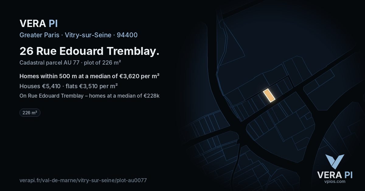 26 Rue Edouard Tremblay, Vitry-sur-Seine at night – the plot lit, the parcels around coloured by the prices near them