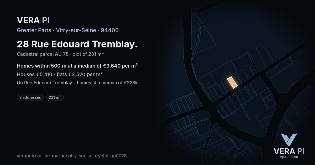 28 Rue Edouard Tremblay, Vitry-sur-Seine at night – the plot lit, the parcels around coloured by the prices near them