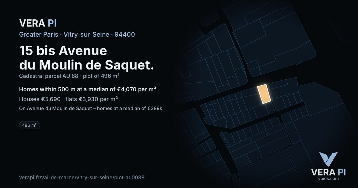15 bis Avenue du Moulin de Saquet, Vitry-sur-Seine at night – the plot lit, the parcels around coloured by the prices near them