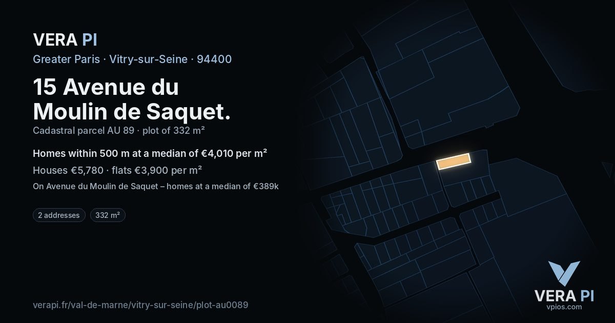 15 Avenue du Moulin de Saquet, Vitry-sur-Seine at night – the plot lit, the parcels around coloured by the prices near them