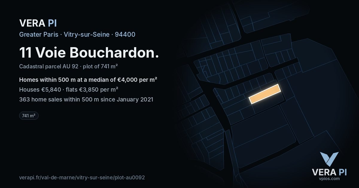11 Voie Bouchardon, Vitry-sur-Seine at night – the plot lit, the parcels around coloured by the prices near them