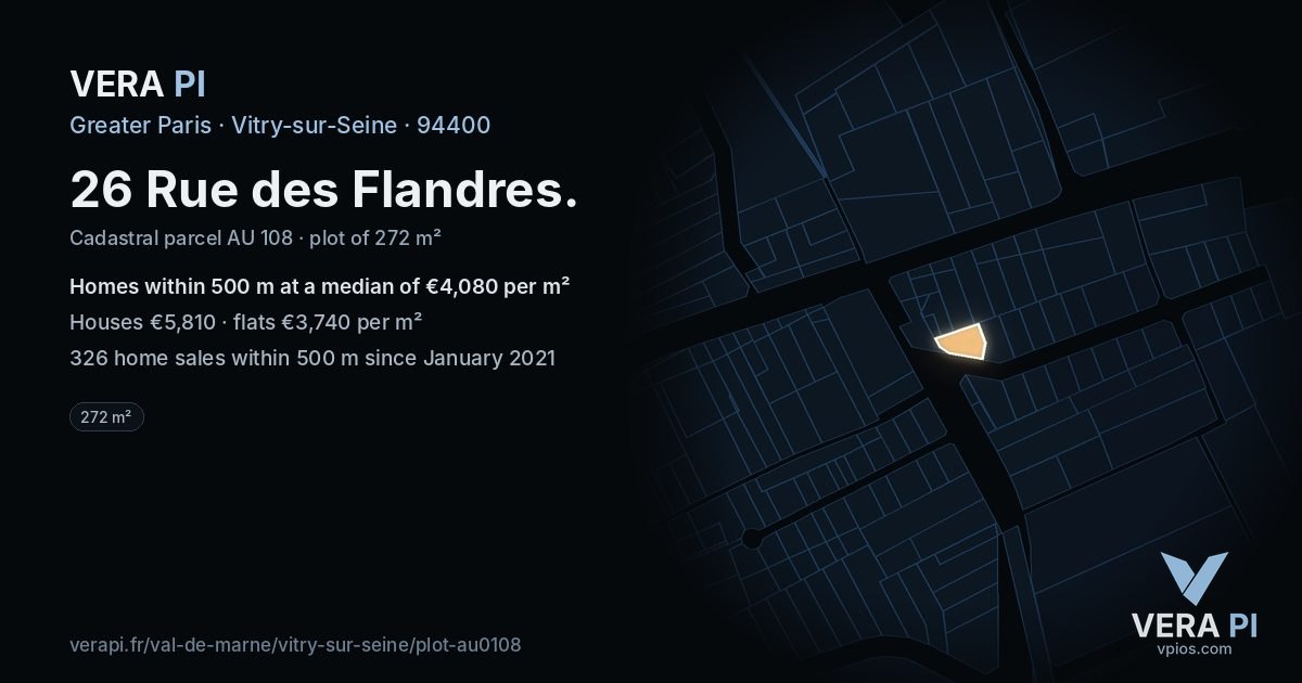 26 Rue des Flandres, Vitry-sur-Seine at night – the plot lit, the parcels around coloured by the prices near them