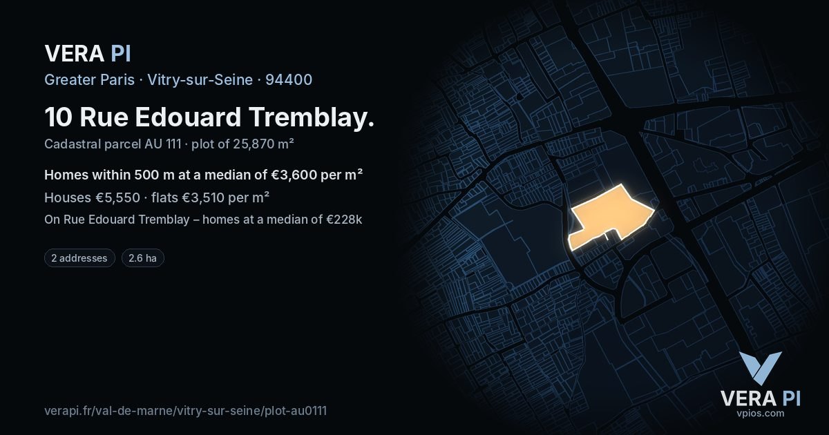 10 Rue Edouard Tremblay, Vitry-sur-Seine at night – the plot lit, the parcels around coloured by the prices near them