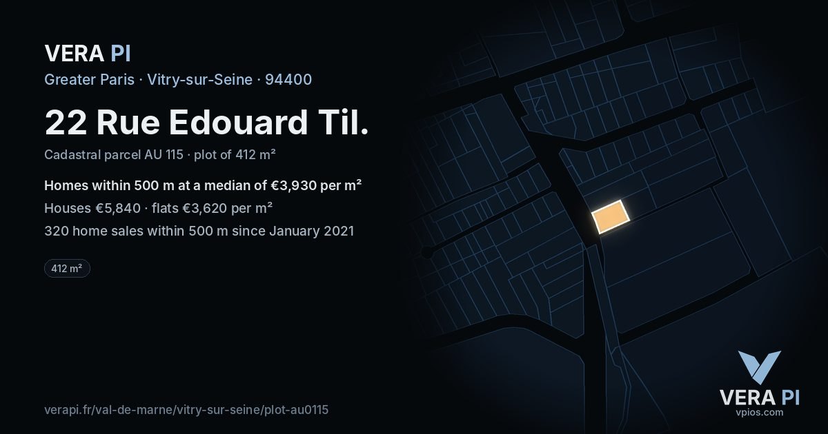 22 Rue Edouard Til, Vitry-sur-Seine at night – the plot lit, the parcels around coloured by the prices near them
