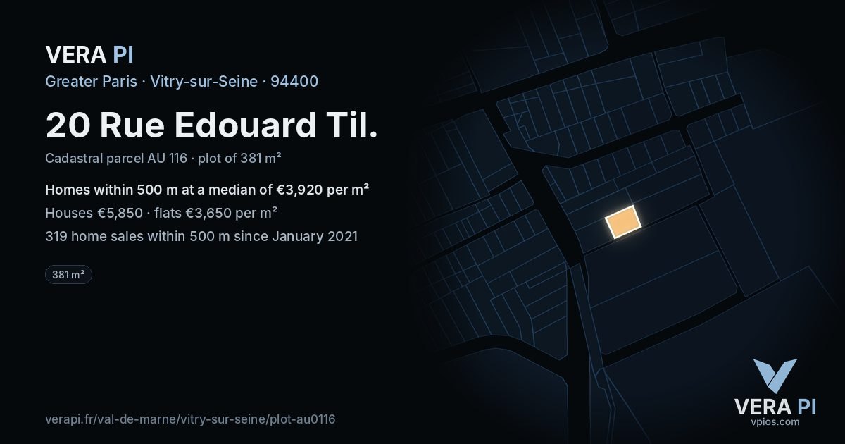 20 Rue Edouard Til, Vitry-sur-Seine at night – the plot lit, the parcels around coloured by the prices near them