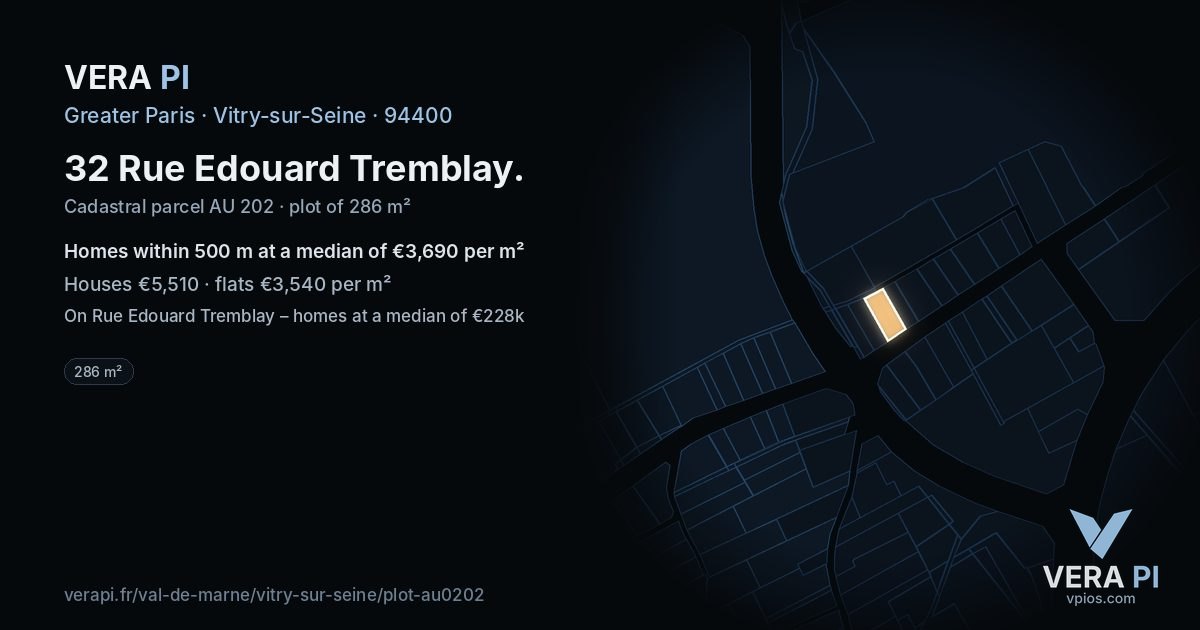 32 Rue Edouard Tremblay, Vitry-sur-Seine at night – the plot lit, the parcels around coloured by the prices near them