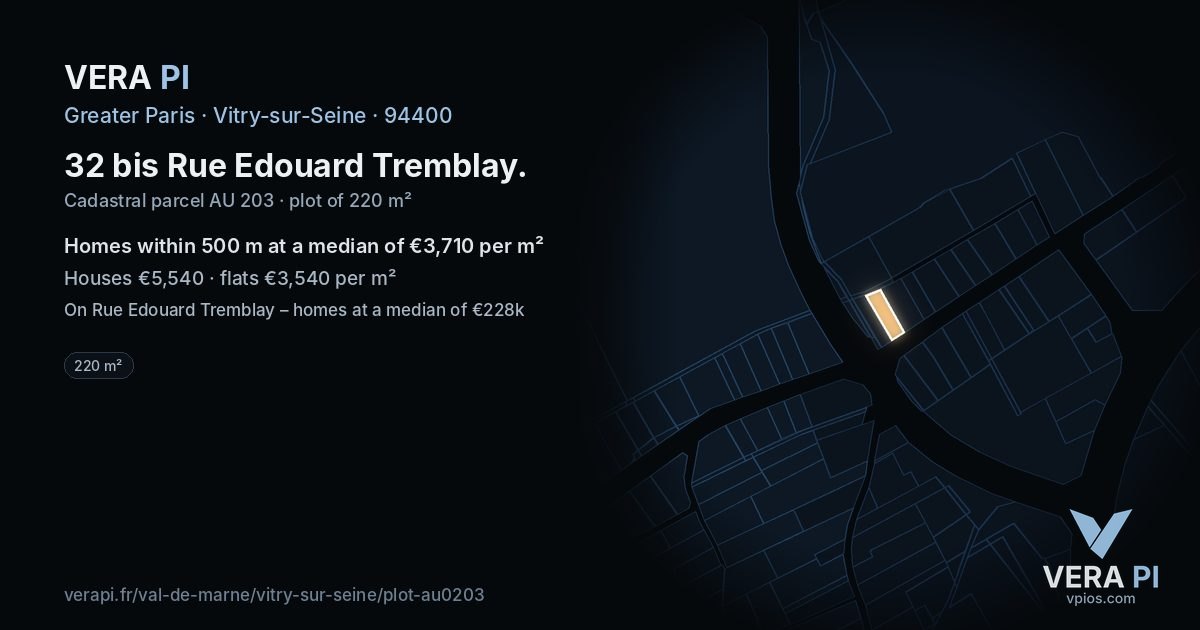 32 bis Rue Edouard Tremblay, Vitry-sur-Seine at night – the plot lit, the parcels around coloured by the prices near them