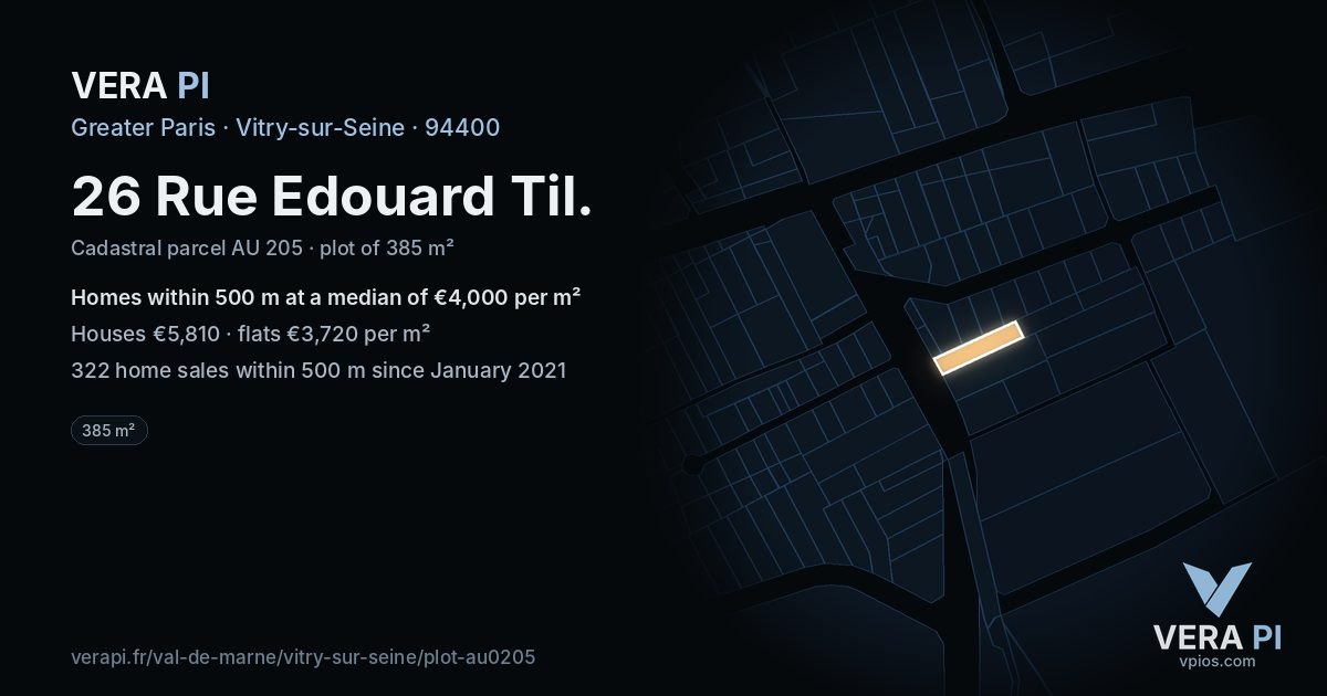 26 Rue Edouard Til, Vitry-sur-Seine at night – the plot lit, the parcels around coloured by the prices near them