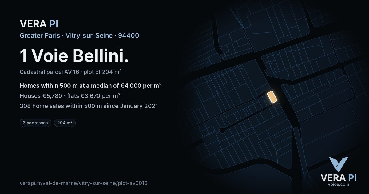 1 Voie Bellini, Vitry-sur-Seine at night – the plot lit, the parcels around coloured by the prices near them