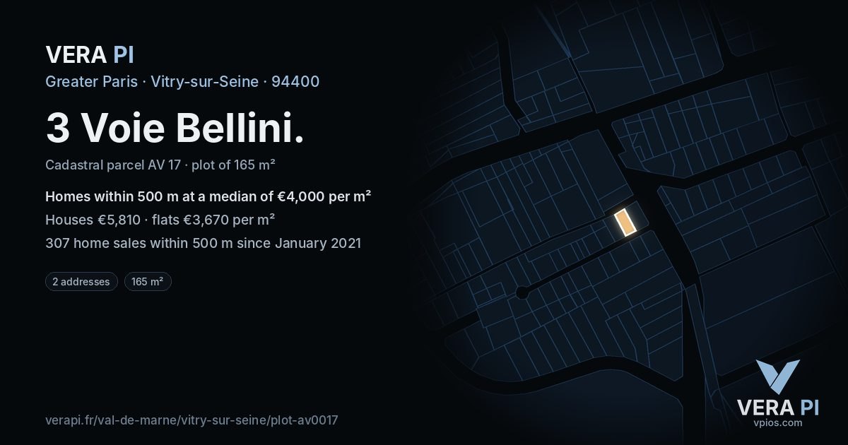 3 Voie Bellini, Vitry-sur-Seine at night – the plot lit, the parcels around coloured by the prices near them
