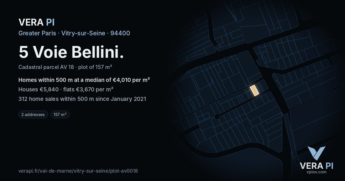 5 Voie Bellini, Vitry-sur-Seine at night – the plot lit, the parcels around coloured by the prices near them