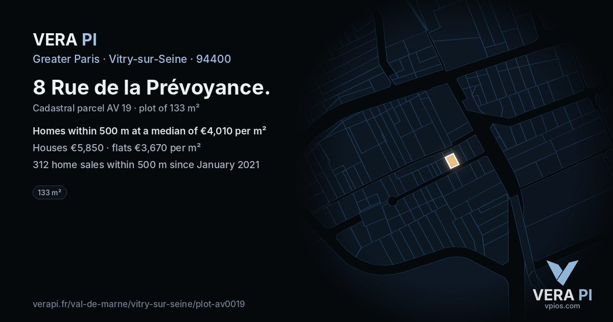 8 Rue de la Prévoyance, Vitry-sur-Seine at night – the plot lit, the parcels around coloured by the prices near them