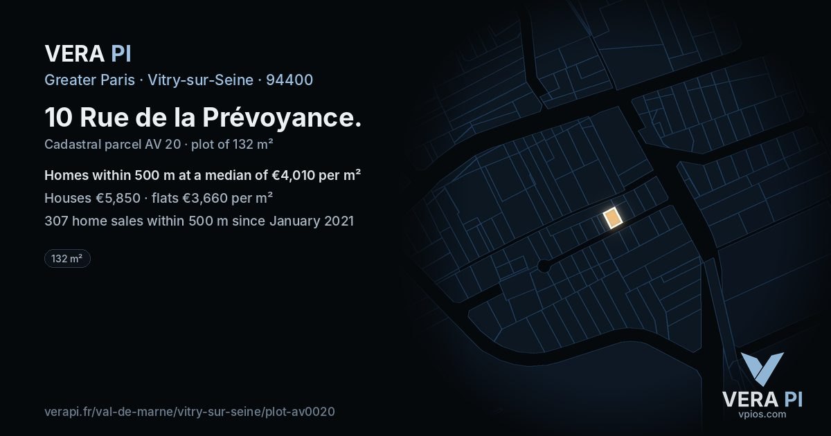 10 Rue de la Prévoyance, Vitry-sur-Seine at night – the plot lit, the parcels around coloured by the prices near them