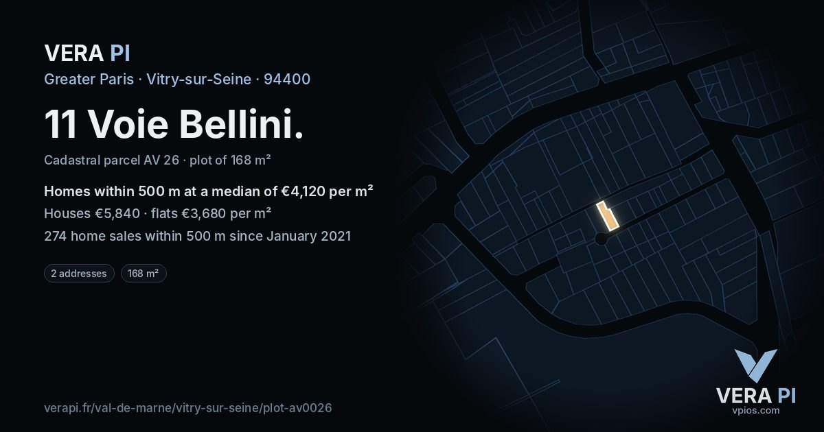 11 Voie Bellini, Vitry-sur-Seine at night – the plot lit, the parcels around coloured by the prices near them