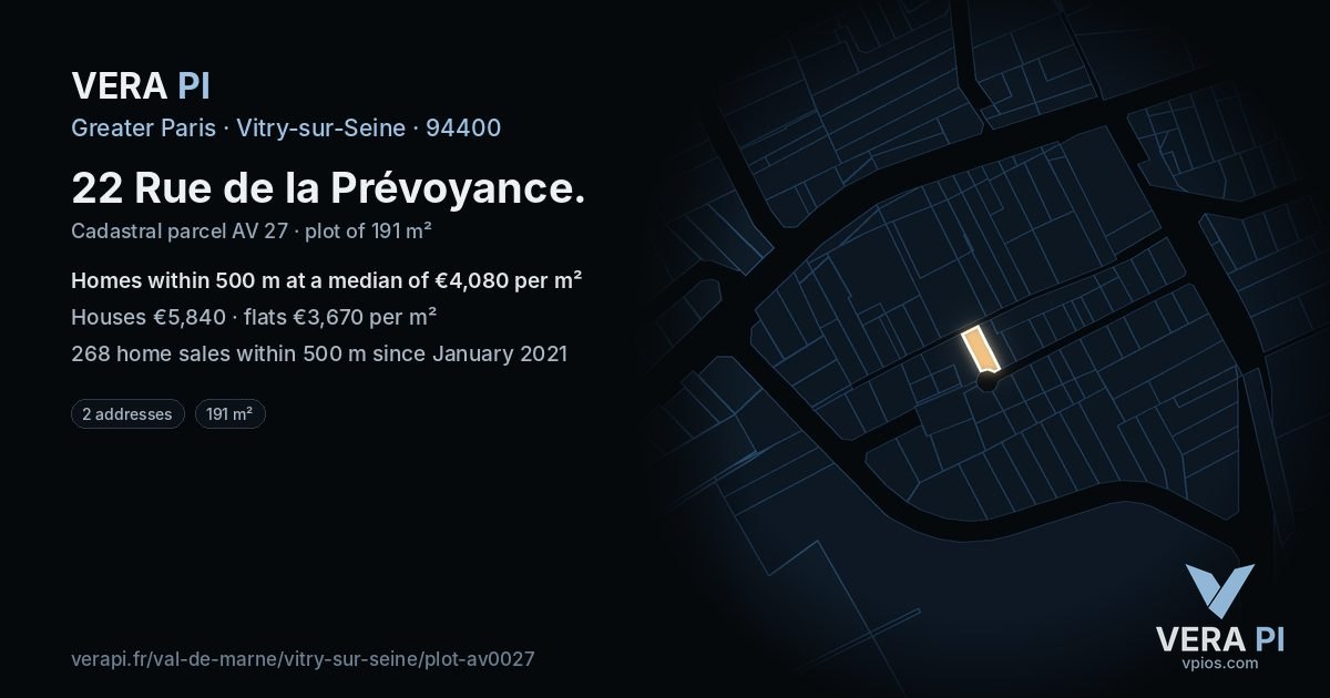22 Rue de la Prévoyance, Vitry-sur-Seine at night – the plot lit, the parcels around coloured by the prices near them