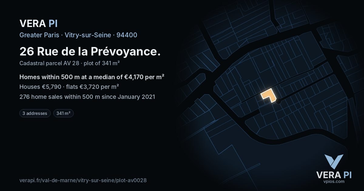 26 Rue de la Prévoyance, Vitry-sur-Seine at night – the plot lit, the parcels around coloured by the prices near them