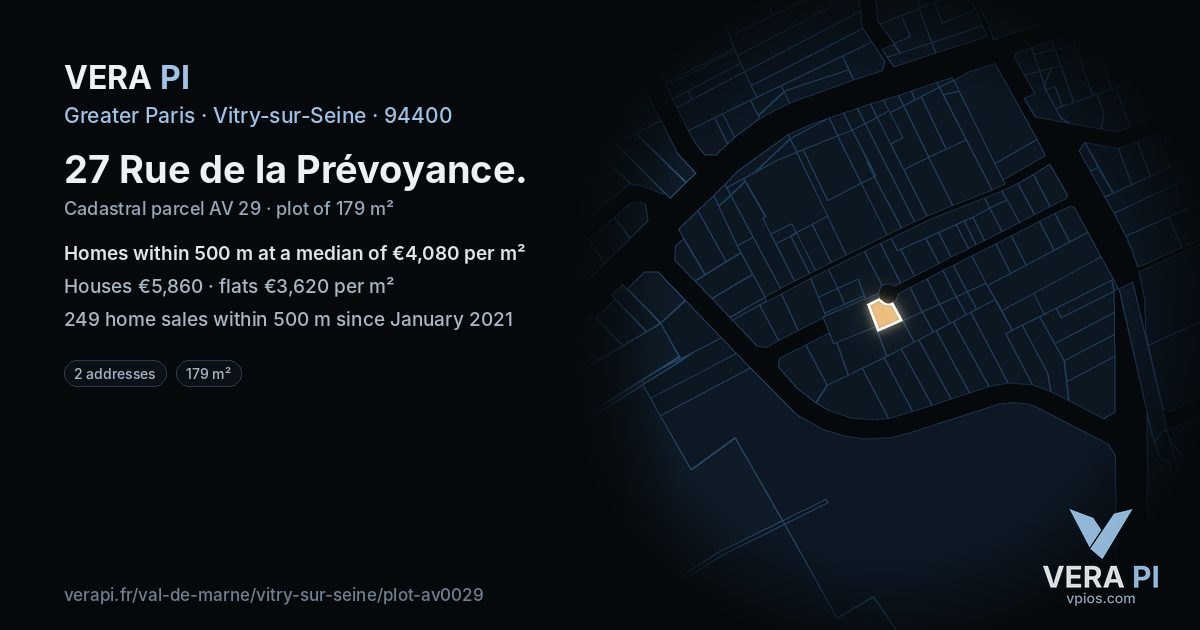 27 Rue de la Prévoyance, Vitry-sur-Seine at night – the plot lit, the parcels around coloured by the prices near them