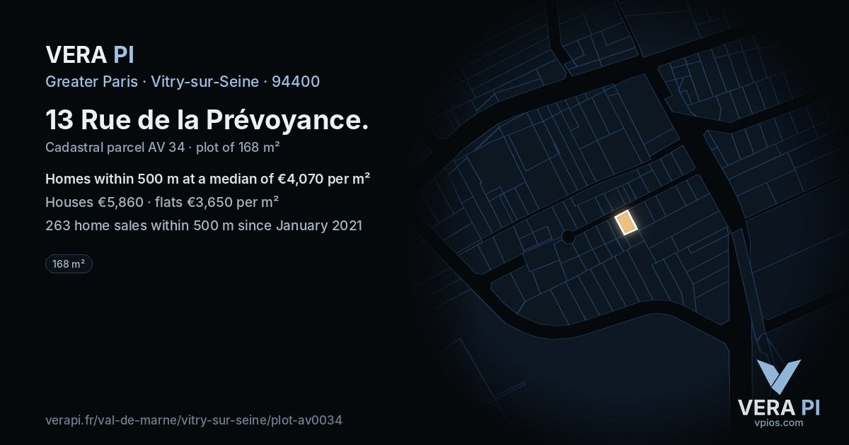 13 Rue de la Prévoyance, Vitry-sur-Seine at night – the plot lit, the parcels around coloured by the prices near them