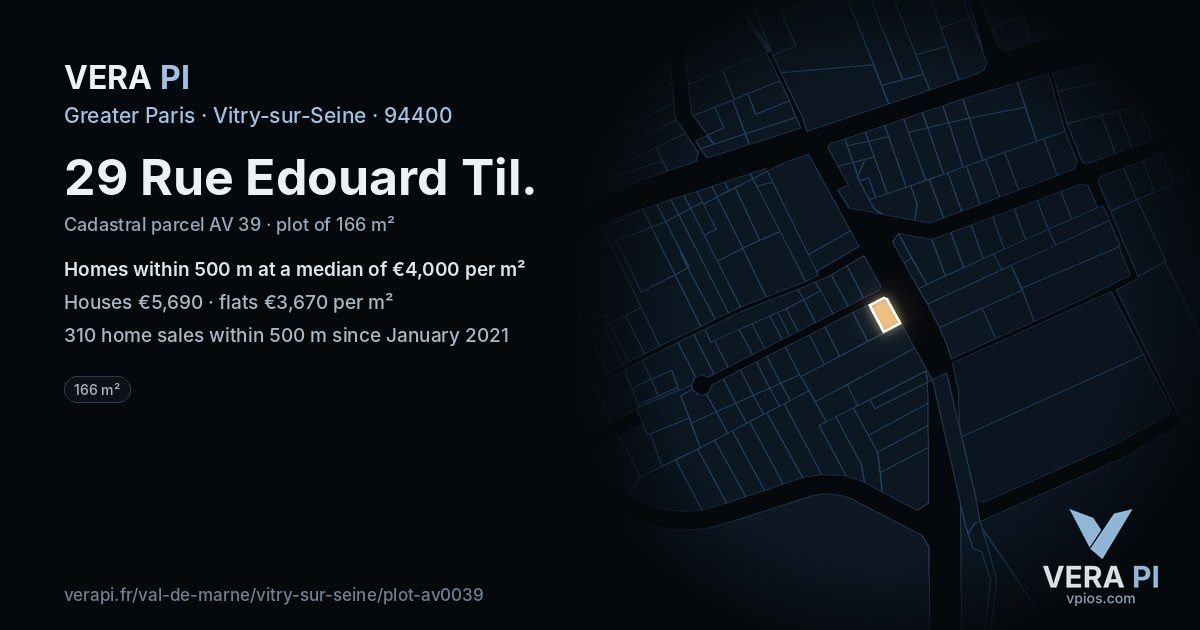 29 Rue Edouard Til, Vitry-sur-Seine at night – the plot lit, the parcels around coloured by the prices near them