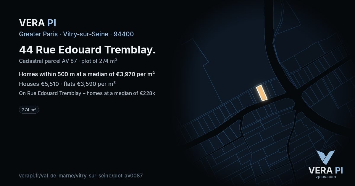44 Rue Edouard Tremblay, Vitry-sur-Seine at night – the plot lit, the parcels around coloured by the prices near them