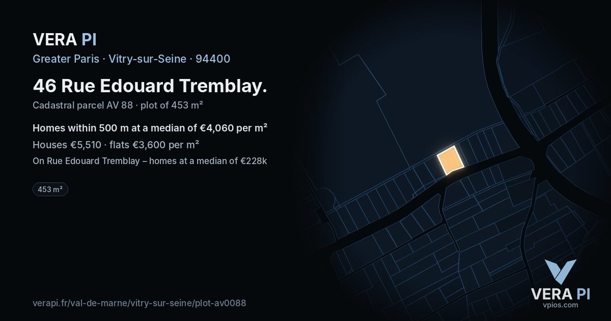 46 Rue Edouard Tremblay, Vitry-sur-Seine at night – the plot lit, the parcels around coloured by the prices near them