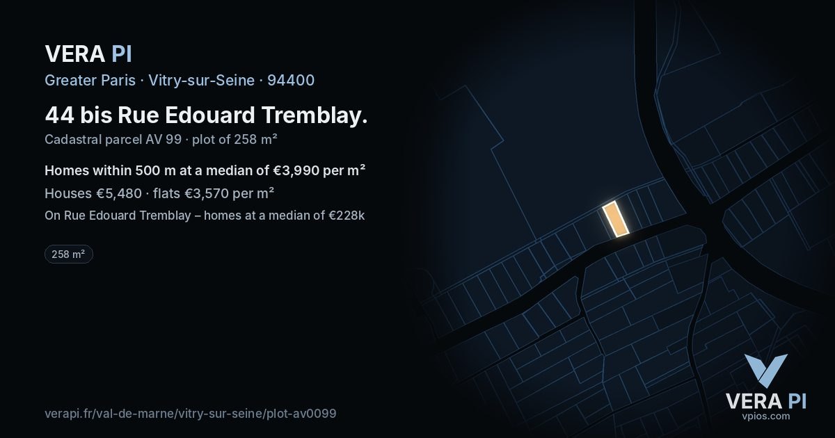 44 bis Rue Edouard Tremblay, Vitry-sur-Seine at night – the plot lit, the parcels around coloured by the prices near them
