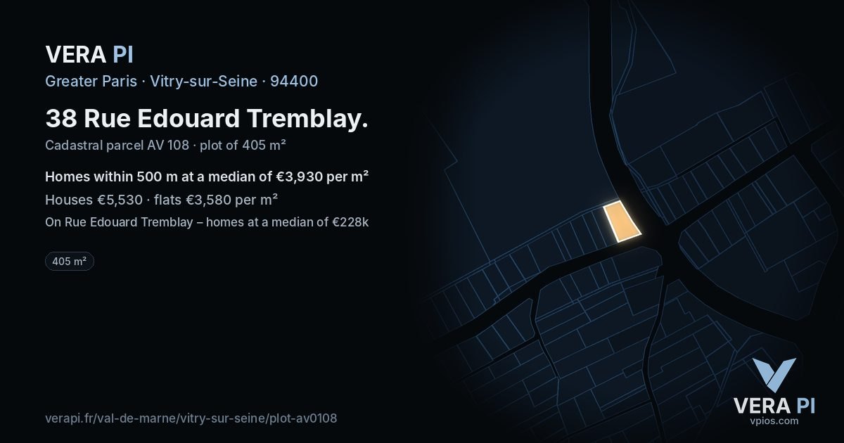 38 Rue Edouard Tremblay, Vitry-sur-Seine at night – the plot lit, the parcels around coloured by the prices near them