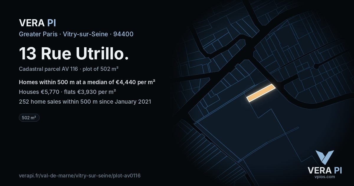 13 Rue Utrillo, Vitry-sur-Seine at night – the plot lit, the parcels around coloured by the prices near them