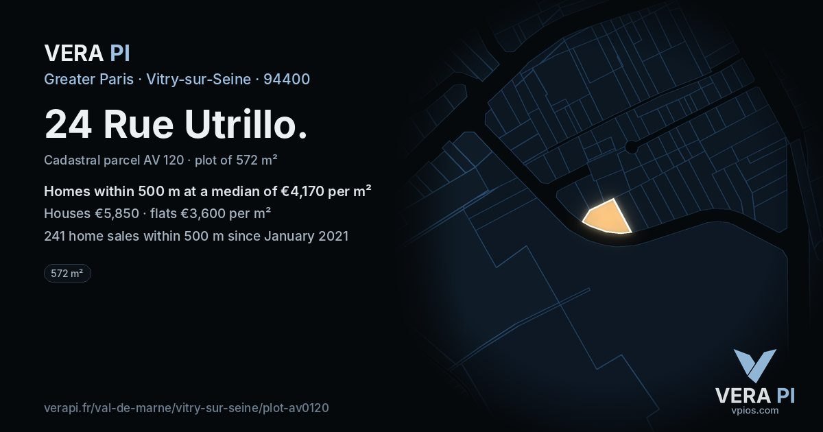 24 Rue Utrillo, Vitry-sur-Seine at night – the plot lit, the parcels around coloured by the prices near them