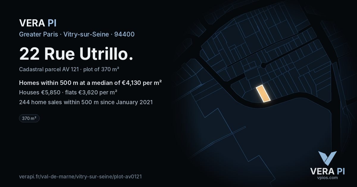 22 Rue Utrillo, Vitry-sur-Seine at night – the plot lit, the parcels around coloured by the prices near them