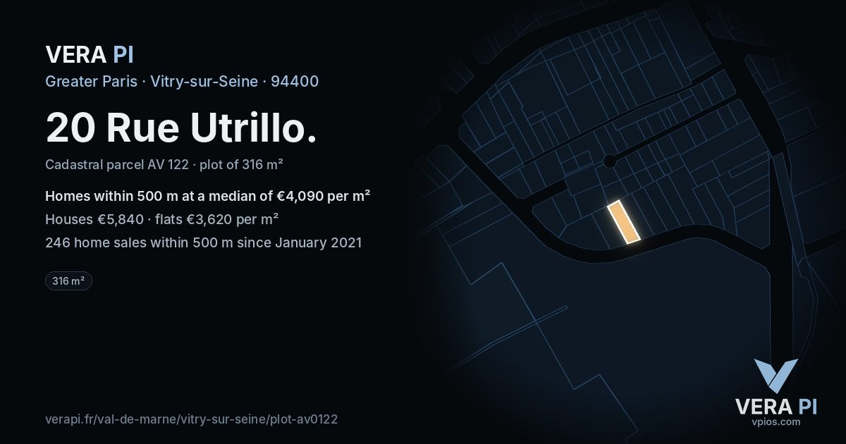 20 Rue Utrillo, Vitry-sur-Seine at night – the plot lit, the parcels around coloured by the prices near them