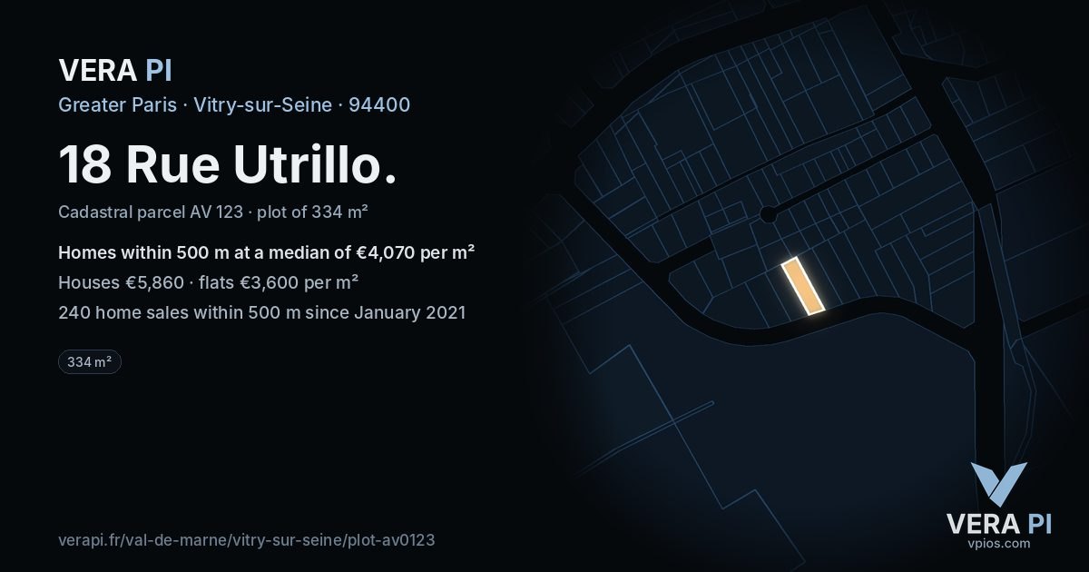 18 Rue Utrillo, Vitry-sur-Seine at night – the plot lit, the parcels around coloured by the prices near them
